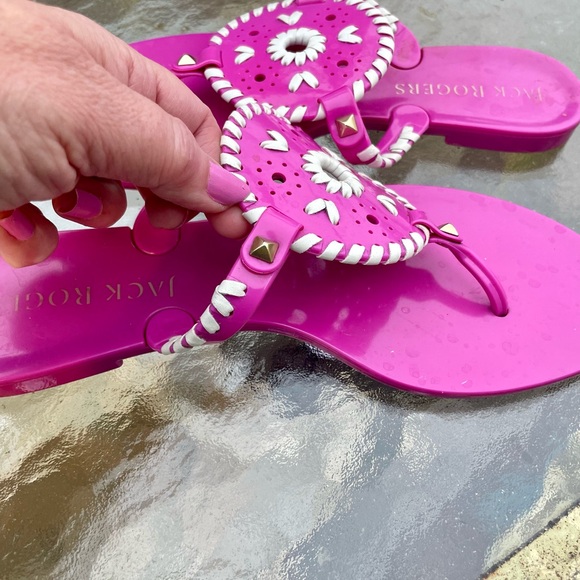 Jack Rogers Georgica Jelly Bright Pink Thong Sandals White Whipstich Trim Size 8 - Picture 9 of 9